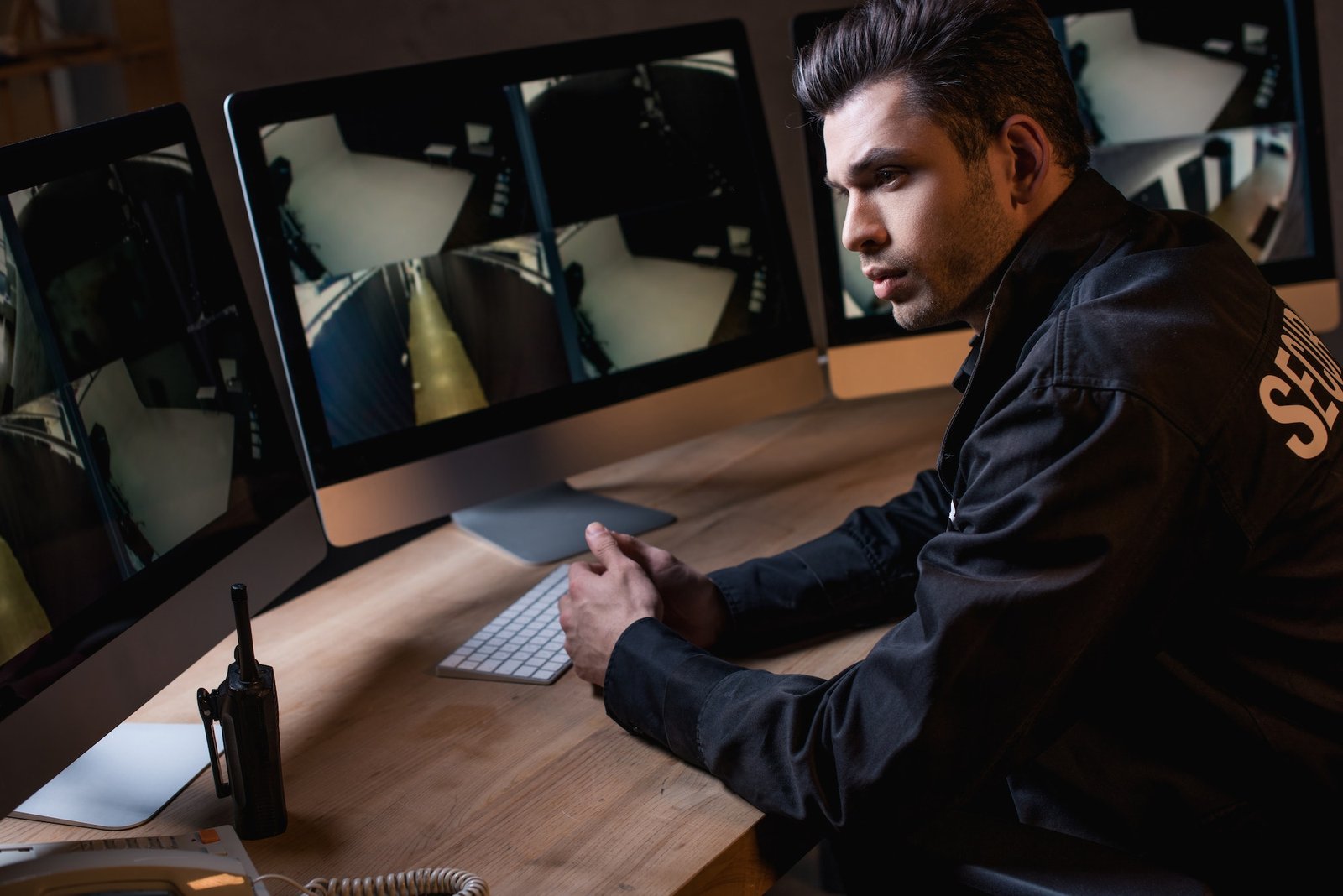 thoughtful guard in uniform looking at computer monitor